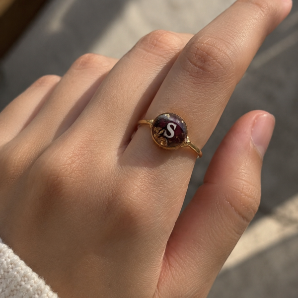 Custom Initial Resin Ring | Anti Tarnish Preserved Rose Ring for Women