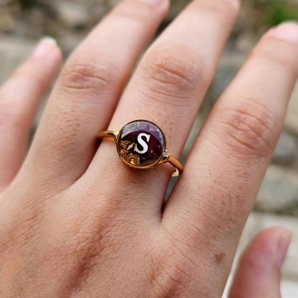 Custom Initial Resin Ring | Anti Tarnish Preserved Rose Ring for Women